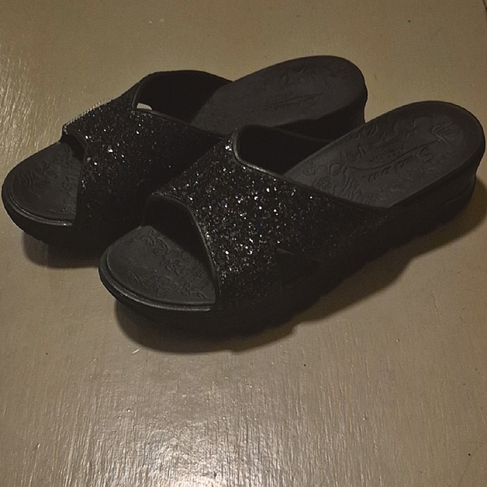 Skechers Black Glitter Sandals Slip-On Comfort Like New